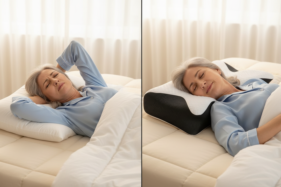 „Vorher-Nachher-Vergleich: Frau schläft ohne Unterstützung vs. entspannt mit dem ErgoSchlaf Memory Foam Kissen"