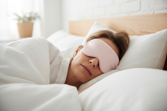 Frau mit pinker Maske auf Augen